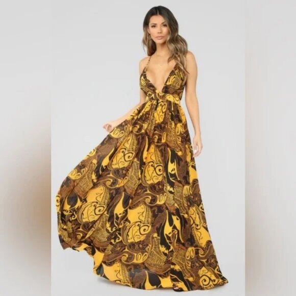NWT Fashion Nova Yellow Black That Time of Day Deep V Maxi Flowy LOw Back Dress - Picture 1 of 11